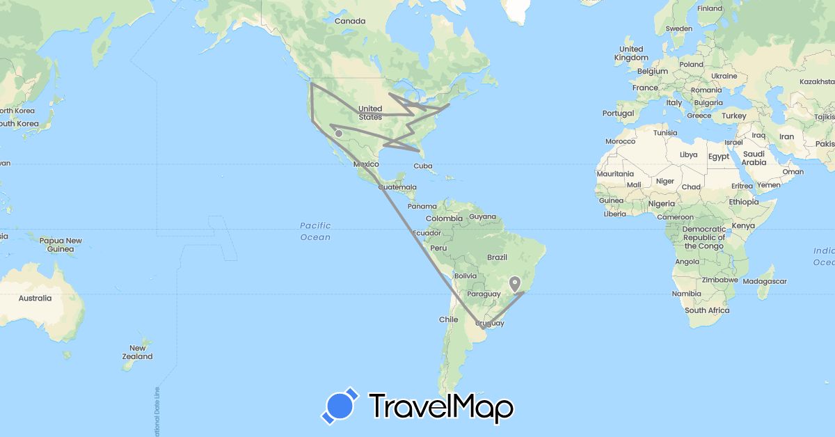 TravelMap itinerary: driving, plane in Argentina, Brazil, Mexico, United States (North America, South America)